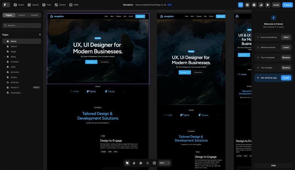 Framer website CMS editing panel