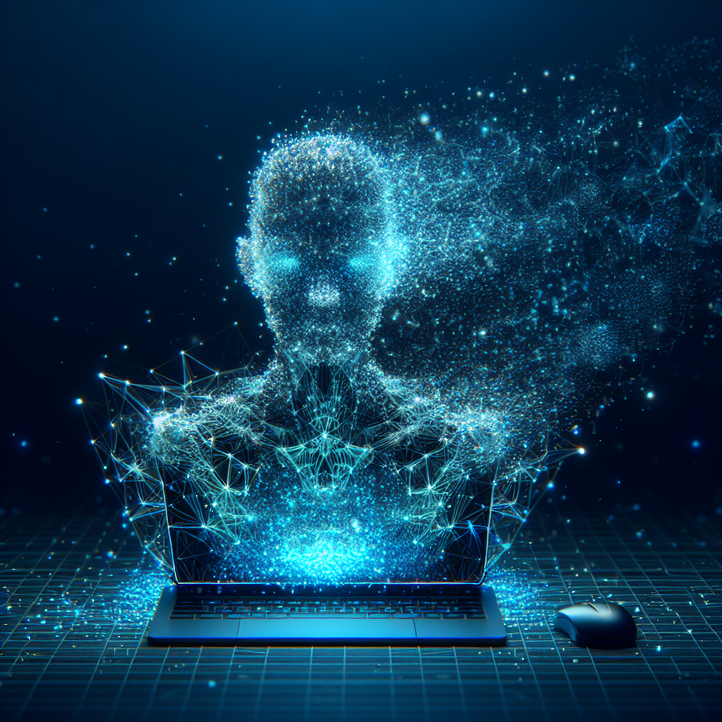 Glowing blue wireframe mesh with particle disintegration on a dark background, illustrating AI's impact on news blog management.