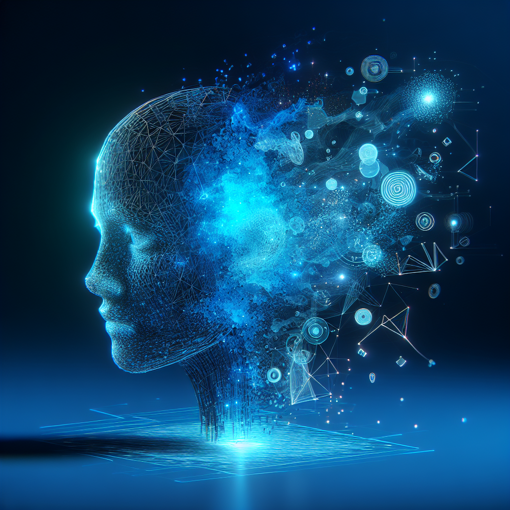 3D wireframe AI brain in electric blue, disintegrating into particles on a deep blue background.
