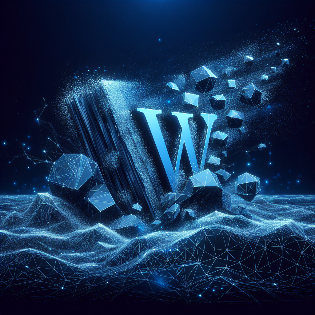 3D electric blue wireframe WordPress logo, particle disintegration effect, on deep blue background, for marketeer guide blog post.