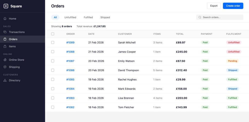 Square order panel - link with Royal Mail